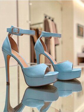 Sky Blue High Heel Platform Sandals With Ankle Strap Buckle Closure For Women